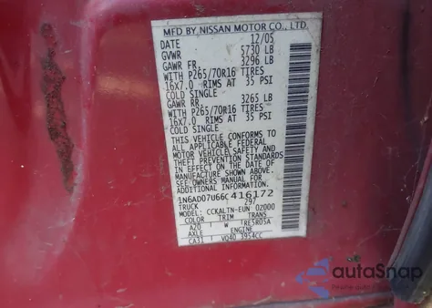 2006 Nissan Frontier Se from USA, damaged, VIN 1N6AD07U66C416172